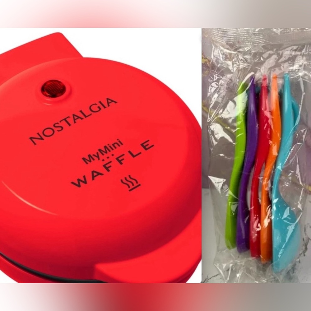 Red Mini Waffle Maker + Rainbow Measuring Spoons